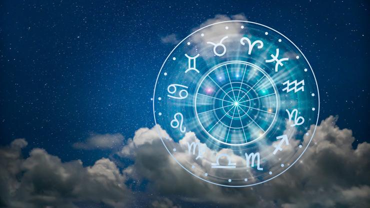 Zodiac signs inside of horoscope circle. Astrology in the sky with many stars and moons  astrology and horoscopes concept