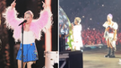 Pink performing in Melbourne, left, and joined onstage by daughter Willow in Sydney, right. 